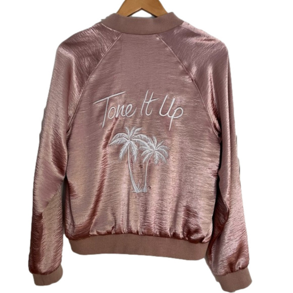 Tone It Up Pink Satin Bomber Jacket. Front Zip. Mob Wife. Palm trees. LARGE - Picture 3 of 16